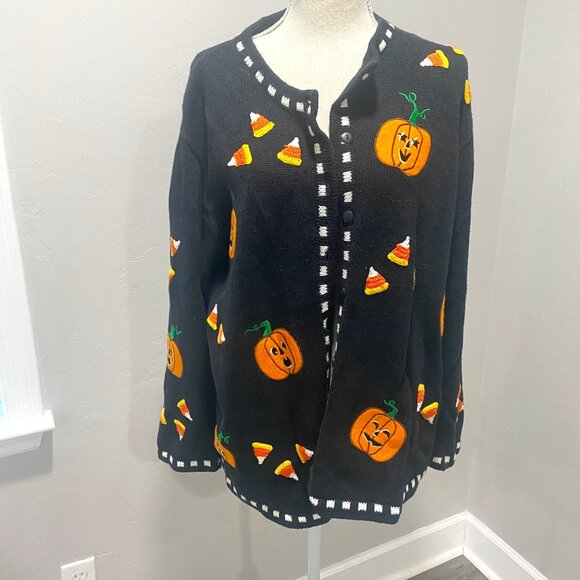 Vintage Halloween Candy Corn Pumpkin Sweater - Picture 1 of 8